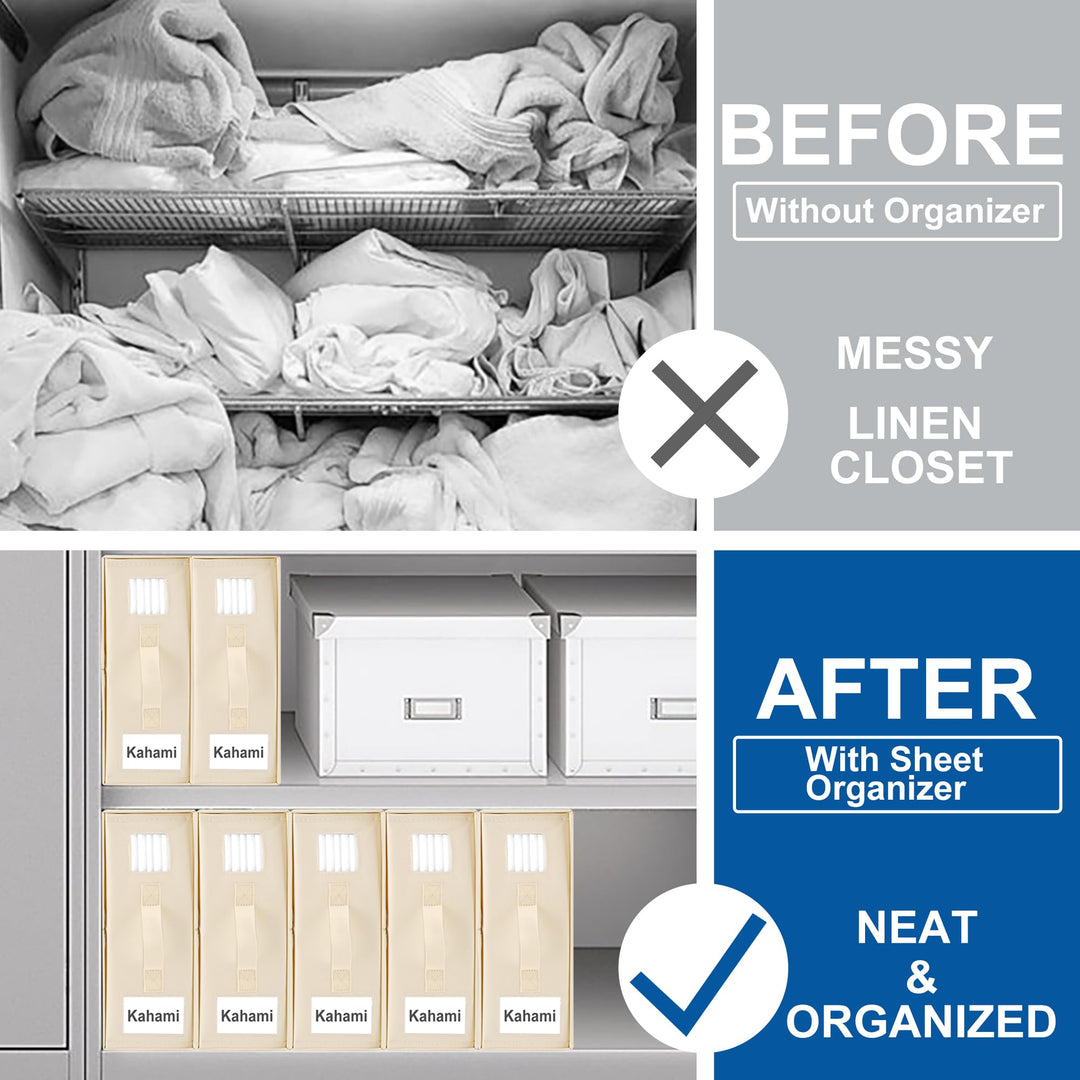 Kahami 4 Pack Bed Sheet Organizers and Storage, Foldable Sheet Organizer for Linen Closet, Bedding Sheet Set Organizer with Window (Queen & King Size), Beige
