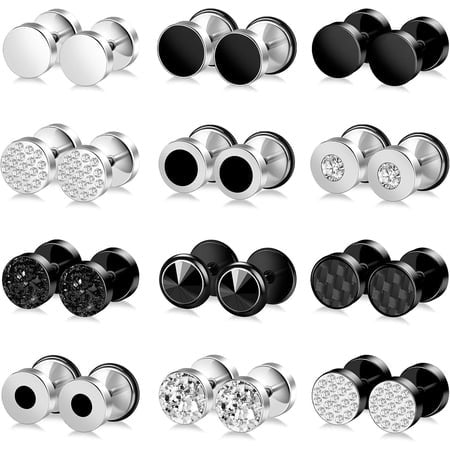 TAVENE 12 Pairs Fake Gauge Earrings for Men Stianless Steel Mens Earrings Studs Round Faux Gauges Earring Piercings for Women Men Retail $11.55