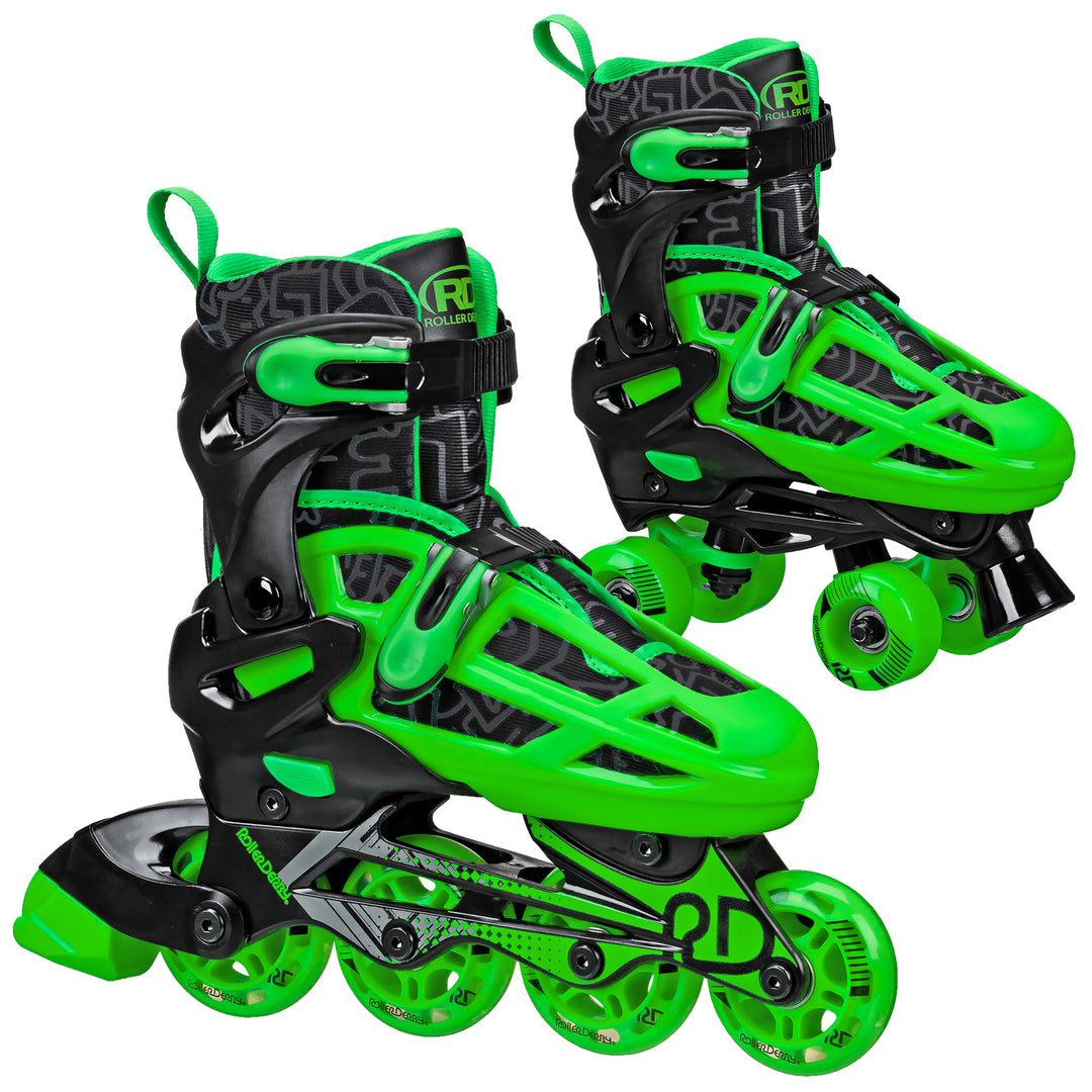 Roller Derby Boys 2-in-1 Roller/Inline Skates Black/Green  Size 3-6 Retail $45.93