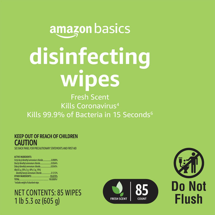 Amazon Basics Disinfecting Wipes, Fresh Scent, Sanitizes/Cleans/Disinfects/Deodorizes, 85 Count