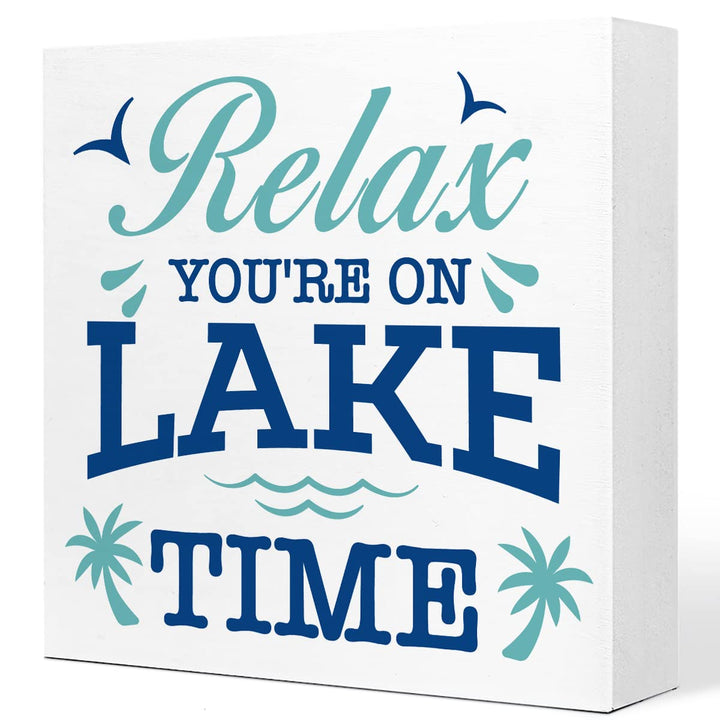 Relax You're on Lake Time Rustic Lake Wooden Plaque Sign Desk Decor,Retro Lake Cabin Home Wood Block Sign Desk Decorations for Primitive Country Lake Farmhouse Shelf Table Decor