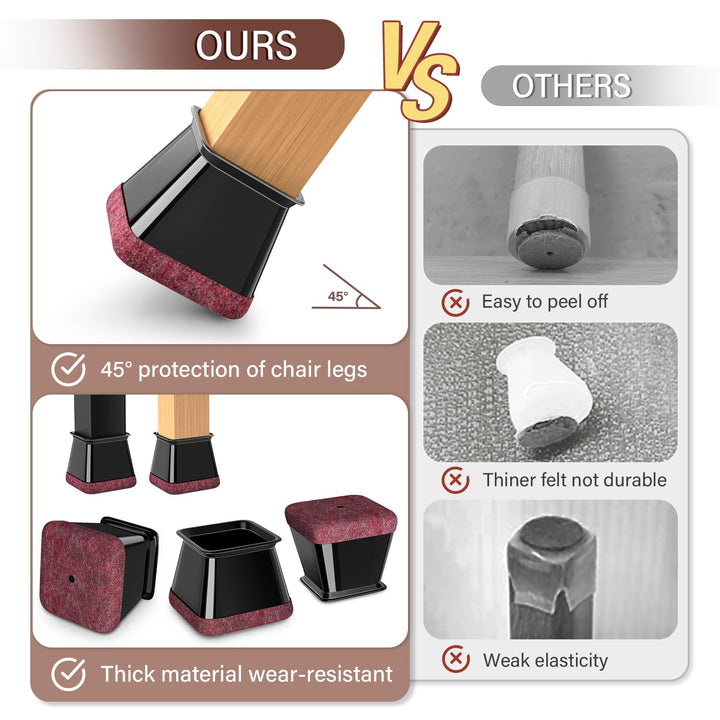 Chair Leg Floor Protectors Square Chair Leg Protectors for Hardwood Floors Silicone Caps Felt Strengthen Bottom Protection Non Slip Reduce Noise 32 Pack Black Square XXL Fit:1-3/4" ~ 2.0" (44~50mm)