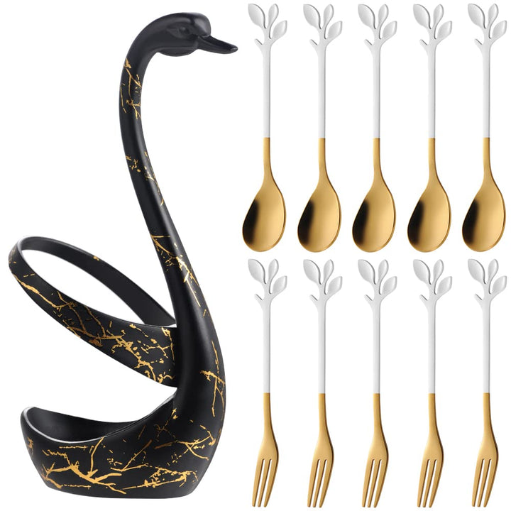 AnSaw Black Swan Base Holder with 5-Pieces 4.7-inch Small Coffee Spoons and 5-Pieces Dessert Fork, Leaf Handle Set (White & Gold)