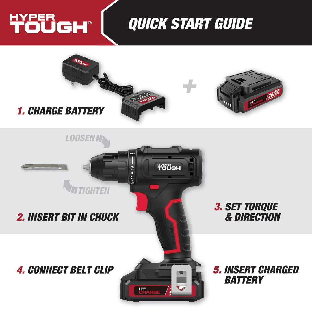 Hyper Tough 20V Max Brushless Cordless Drill Driver with 1.5Ah Lithium-Ion Battery and Charger