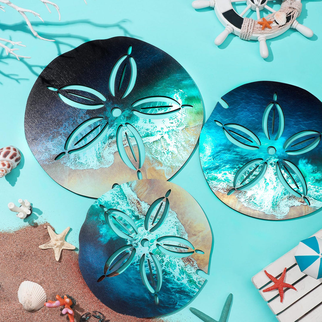 Ripeng 6 Pieces Sand Dollar Wall Decor Beach Coastal Wall Art Wood Outdoor Ocean Sand Dollars Decor Wooden Beach Hanging Nautical Bathroom Decor for Home