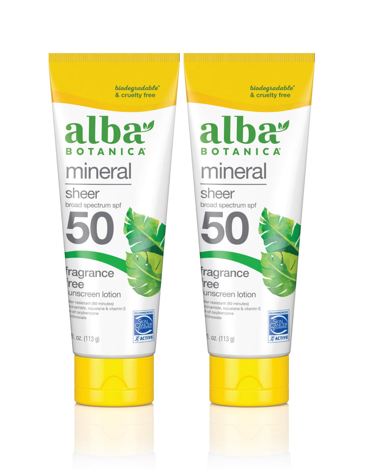 Alba Botanica Mineral Sunscreen Lotion, Broad Spectrum SPF 50 Sunscreen, Water Resistant and Biodegradable, 4 fl. oz. (Pack of 2)