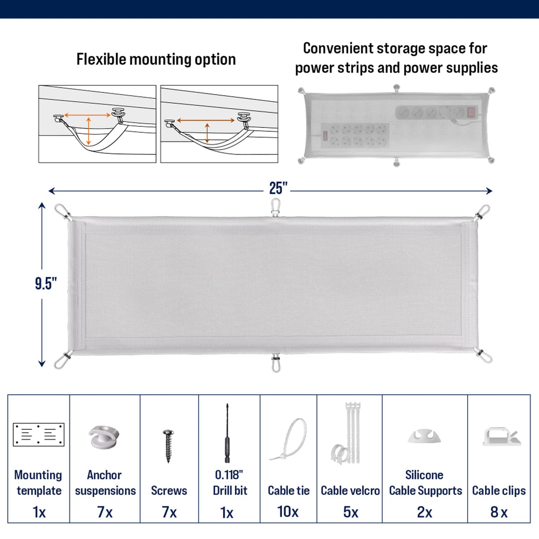 Cable Management net - Under Desk Wire Management - Flexible Under Desk Cable Management Tray White
