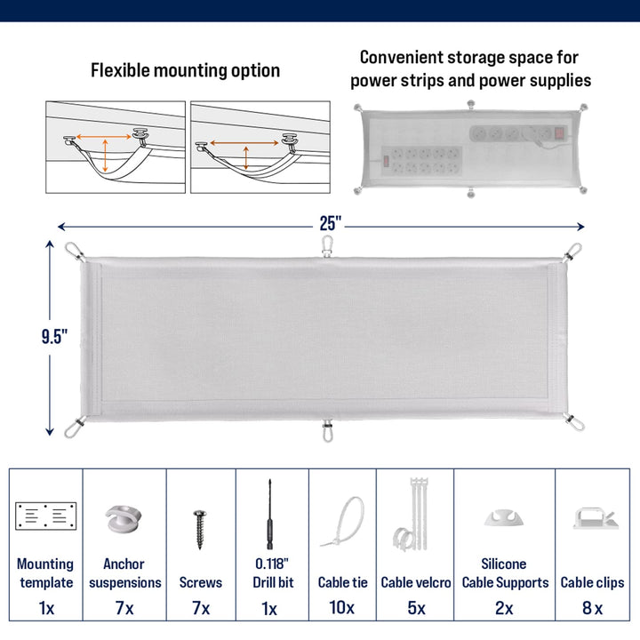 Cable Management net - Under Desk Wire Management - Flexible Under Desk Cable Management Tray White