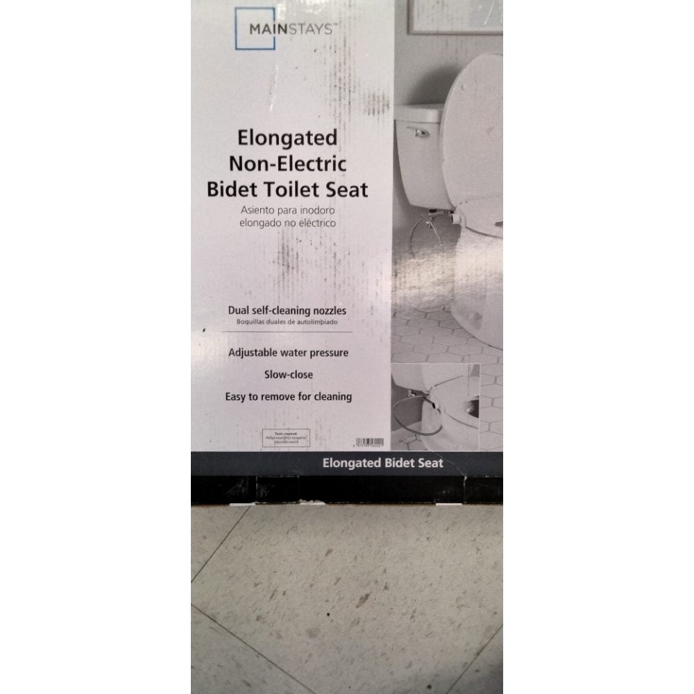 Mainstays Elongated Non-Electric Bidet Toilet Seat with Dual Self-Cleaning Nozzles  Daisy White