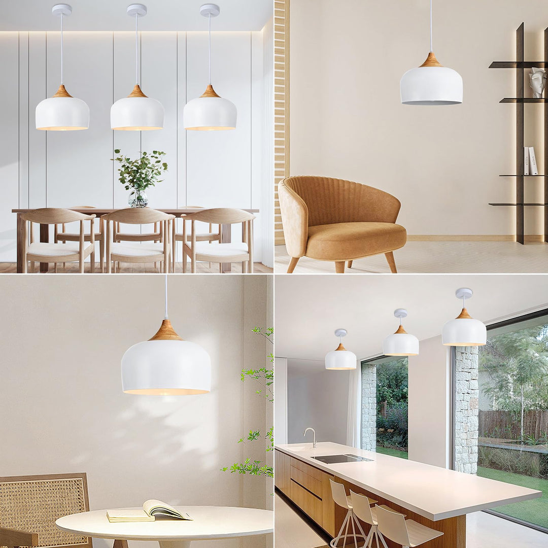POLITAMP Modern Large Pendant Lights,Wooden Dome Pendant Light Fixture,Adjustable Hanging Pendant Lighting,ChandelierLamp for Kitchen Island,Dining Room,Hallway,Bedroom(White)