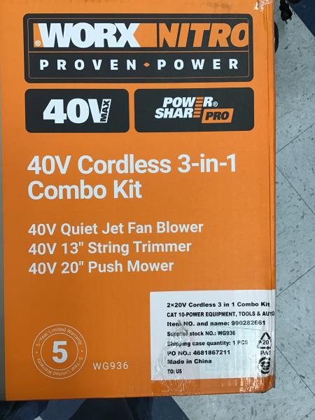 WORX Nitro WG936 40V Cordless 3-in-1 Combo Kit - Quiet Jet Fan Blower, 13" String Trimmer, 20" Push Mower Retail $600.00