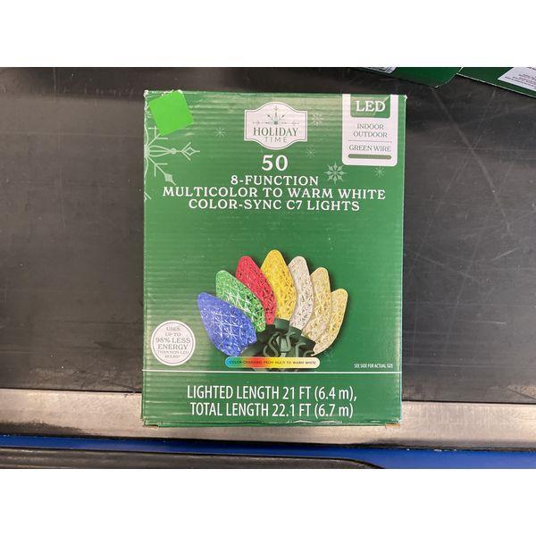 Holiday Time, 50 8-Function Multicolor to Warm White Color-Sync C7 Lights - LED, Indoor/Outdoor, Green Wire