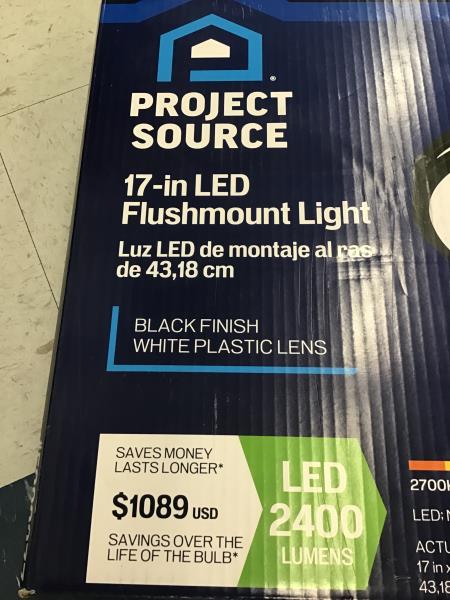 Project Source 17-in LED Flushmount Light - 2400 Lumens, Black Finish, White Plastic Lens Retail $50.00