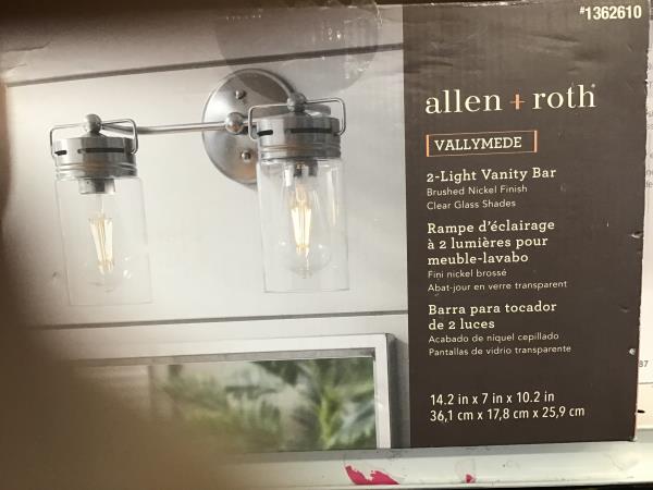 allen + roth Vallymede, 2-Light Vanity Bar, Brushed Nickel Finish, Clear Glass Shades Retail $70.00