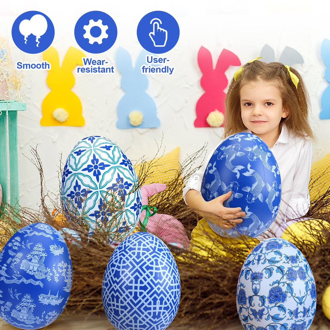 Lunmon 12 Pcs 16'' 24'' Inflatable Easter Eggs Decorations Chinoiserie Easter Inflatables Outdoor Decor Large PVC Blue White Inflatables Easter Eggs Hanging Ornaments for Yard, Lawn, Garden(16", 24")