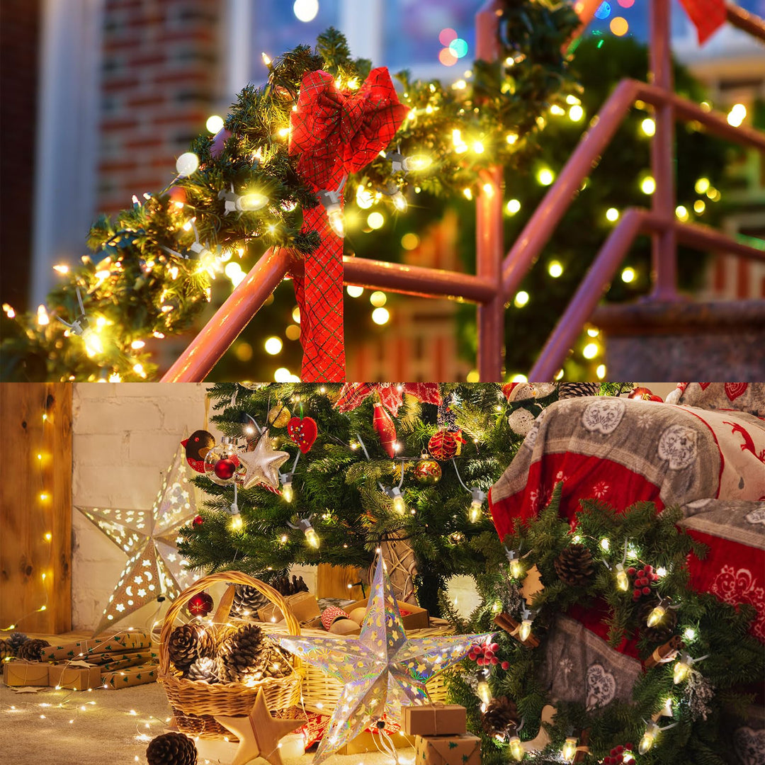 VIHOSE 8 Pcs Christmas Village Light Accessory Cord with 5 LED Night Light Bulbs C7 Light Bulbs 9 ft Light Bulb Socket for Holiday Decoration and Craft Village House Decoration