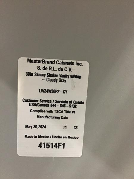 MasterBrand Cabinets Inc 30in Skinny Shaker Vanity w/Vtop - Cloudy Gray, LW24W30P2-CY Retail $350.00