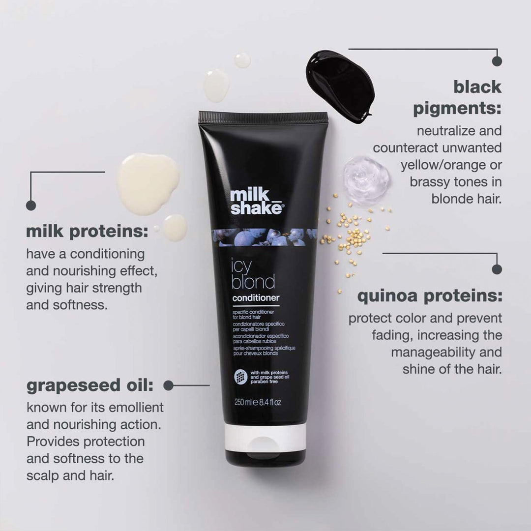 milk_shake icy blond conditioner | award winning toning conditioner with black pigment to neutralize yellow and brass in platinum blonde hair | hydrates and brightens cool tones 8.4 fl oz