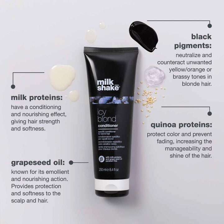 milk_shake icy blond conditioner | award winning toning conditioner with black pigment to neutralize yellow and brass in platinum blonde hair | hydrates and brightens cool tones 8.4 fl oz