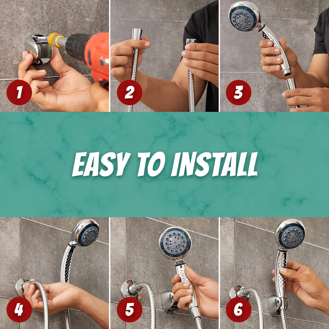 Hobylife High Pressure 8 Functions Shower Head with Handheld - Powerful Detachable Shower Head Set for Low Water Pressure - Tool-less 1-Min Installation, Extra Long 60" Stainless Steel Hose (Chrome)