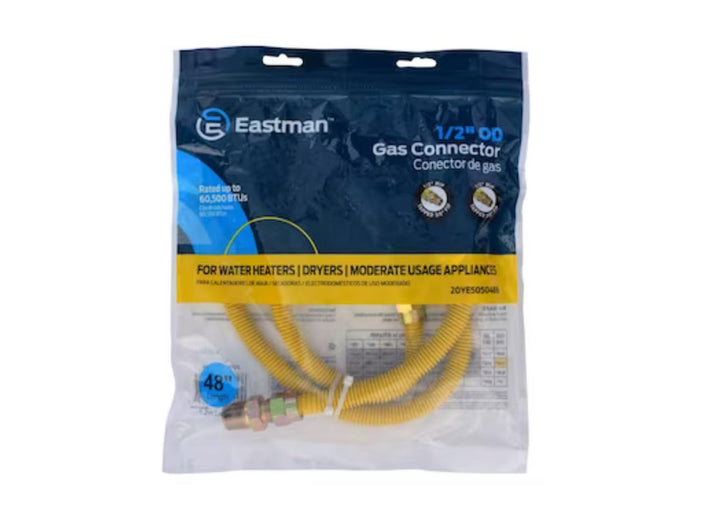 Eastman 48 Inch x 1/2 Inch OD Flexible Gas Line Connector with (2) 1/2 Inch MIP Fitting Ends for Natural Gas and Liquid Propane, Stainless Steel, Yellow, 20YE505048B