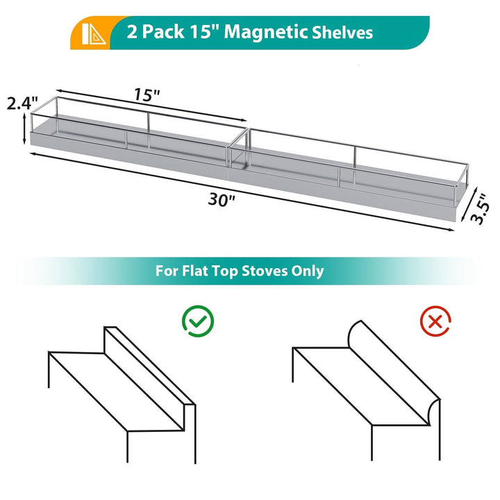 SYDWORKSHOP 30" Magnetic Shelf for Stove tops, 2 Pack 15'' Stove Spice Racks Organizer with Strong Magnets and Adhesive Pads for Small Kitchens (Silvery)