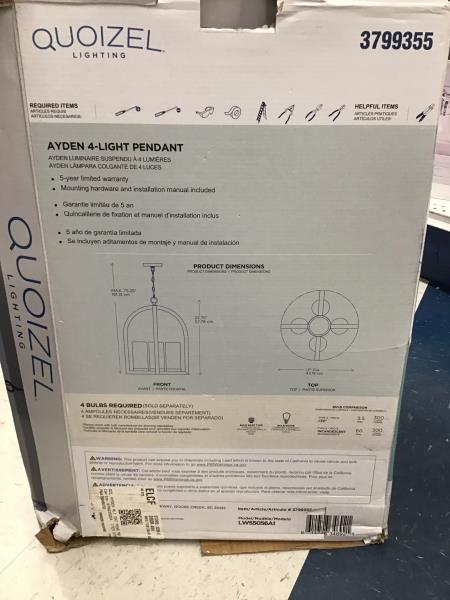 Quoizel AYDEN 4-Light Pendant, Matte Black Finish, Clear Seedy Glass Retail $250.00