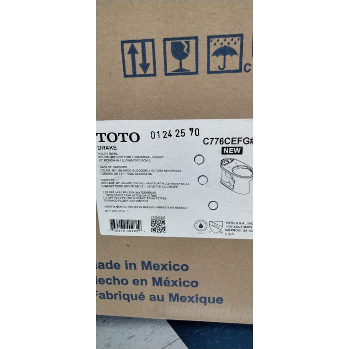 TOTO Drake Elongated Universal Height TORNADO FLUSH Toilet Bowl with CEFIONTECT, Cotton White - C776CEFG#01