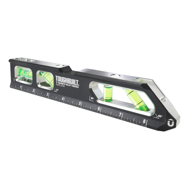 ToughBuilt â€“ 9" Magnetic Billet Torpedo Level, Precision Machined Aluminum Level with Rare Earth Magnets, V-Groove Base, Laser-Etched Markings, and Shockproof End Caps for Professional Accuracy