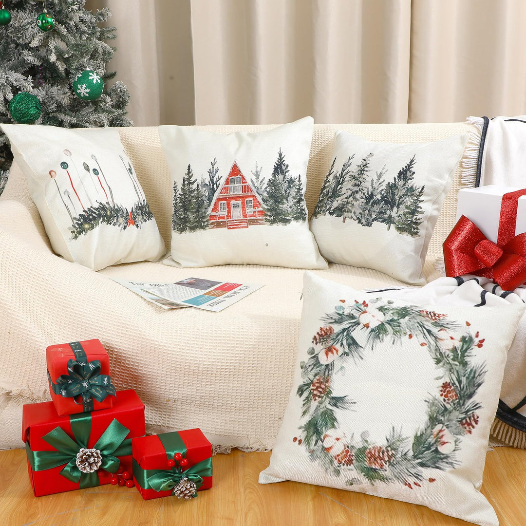 Preboun 4 Sets Christmas Pillow Covers Decorations Rustic Watercolor Winter Holiday Cushion Covers Xmas Tree Wreath Throw Pillow Case for Farmhouse Home Decor(18 x 18 Inch)