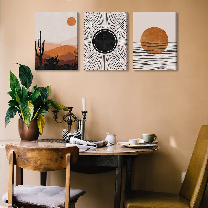 Abstract Sun Desert Cactus Sunburst Sun Rays Ocean Canvas Wall Art Prints Boho Themed Art Decor for Office Home Bedroom Living Room Girl Room,Boho Lovers Gifts,11Ã¢â‚¬Âx14Ã¢â‚¬ÂInch Set Of 3 Paintings Art Decor