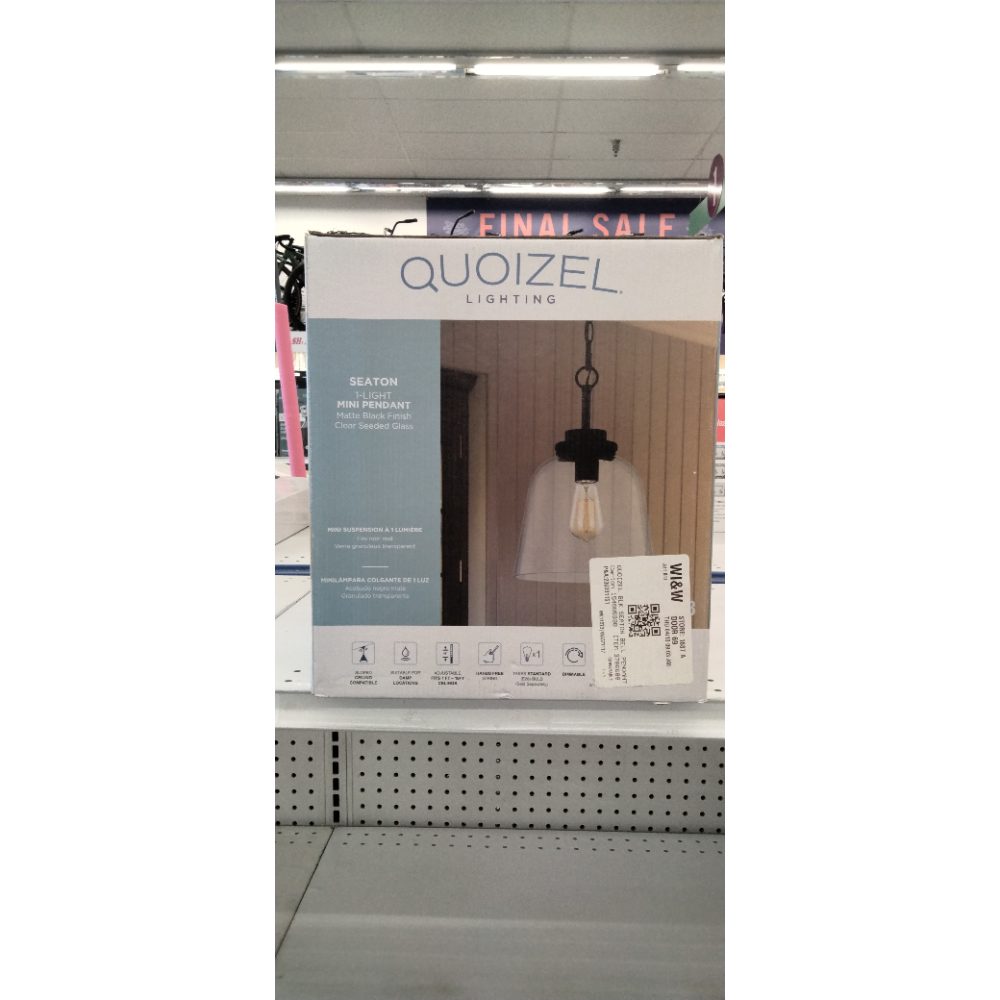 Quoizel Seaton Pendant Light, 14.75 Inch 1-Light Matte Black Finish, Max Adjustable Height 67", Pendant Light for for Kitchen Island, Dining, Hallway or Bedroom