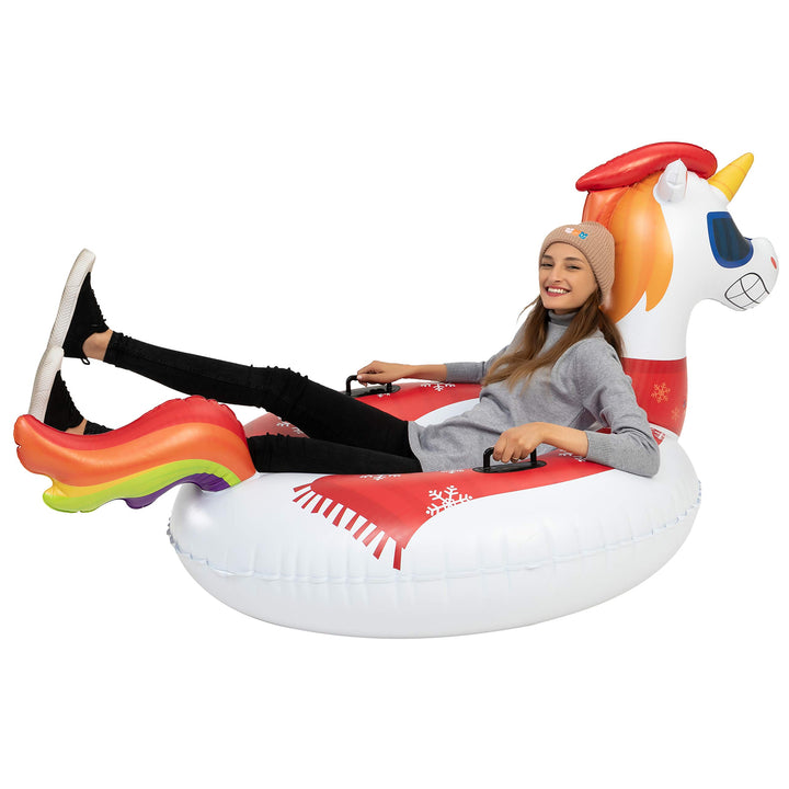 JOYIN 47â€ Inflatable Snow Tube, Heavy-Duty Snow Tube for Sledding, Great Snow Sled for Kids and Adults, Blow Up Snow Sled with Handles for Boys and Girls Family Winter Fun Activities(Unicorn)