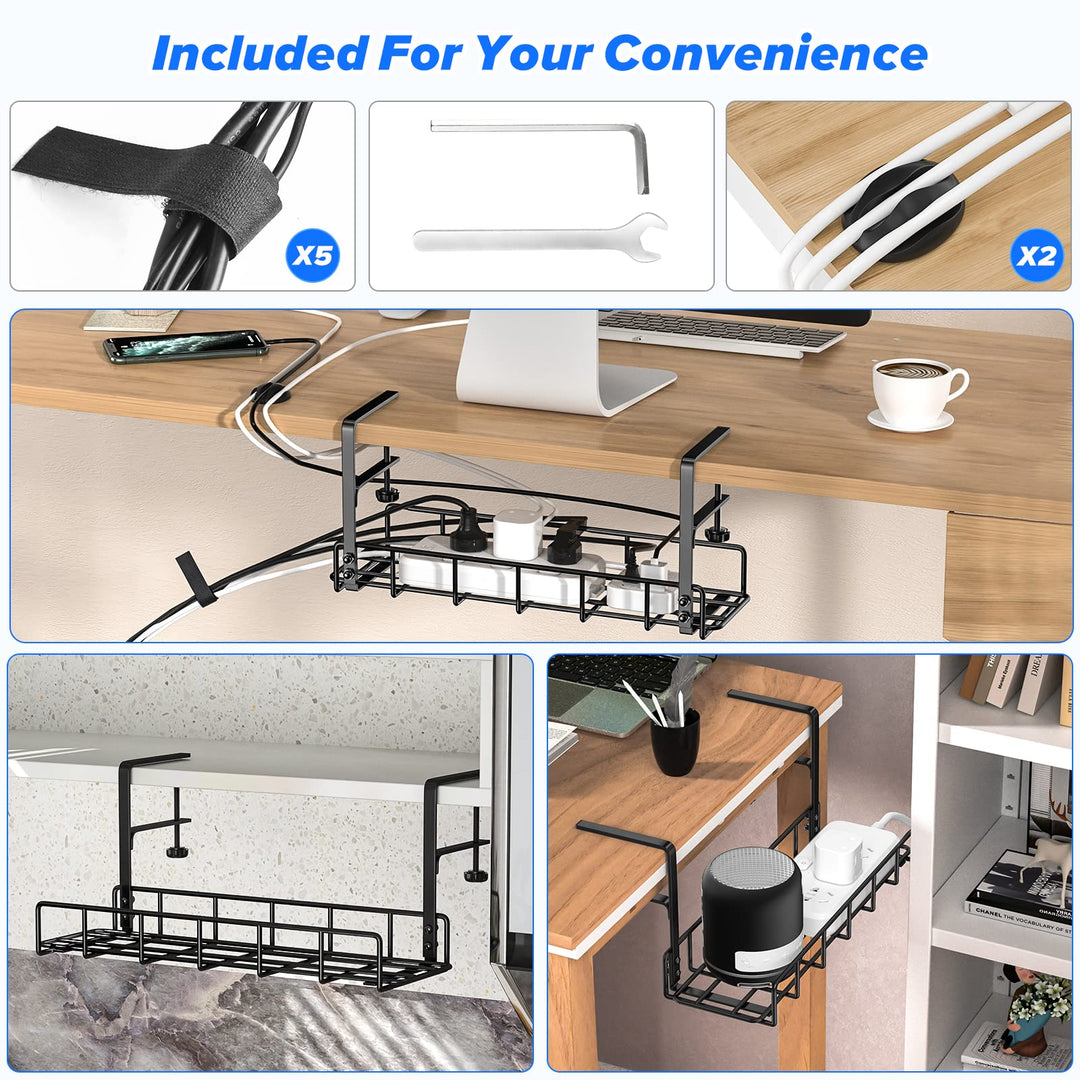 Under Desk Cable Management Tray -2 Pack, Upgraded Long Clamp, Inward Or Outward
