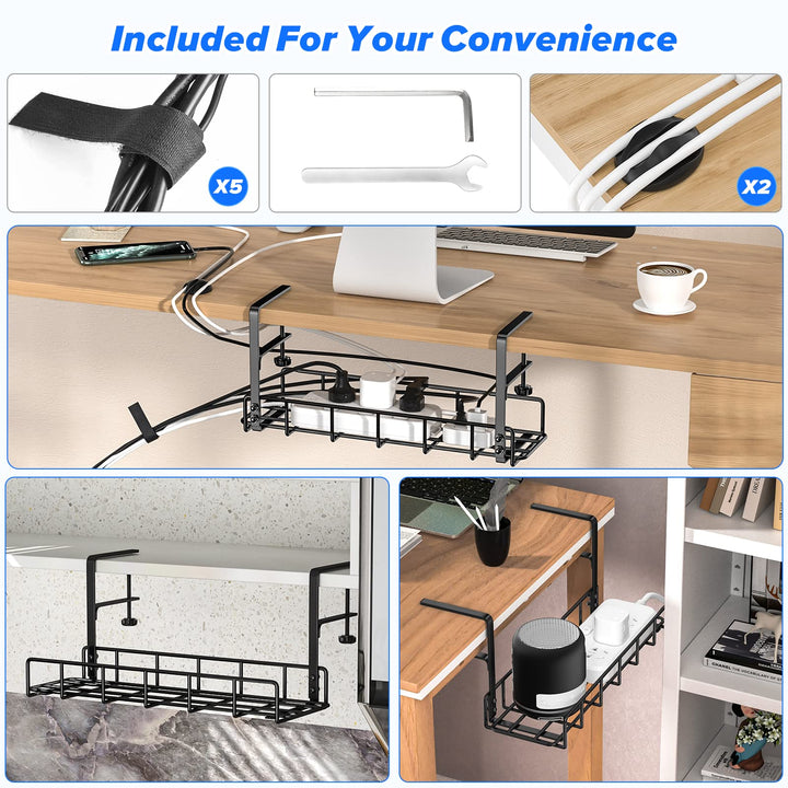 Under Desk Cable Management Tray -2 Pack, Upgraded Long Clamp, Inward Or Outward