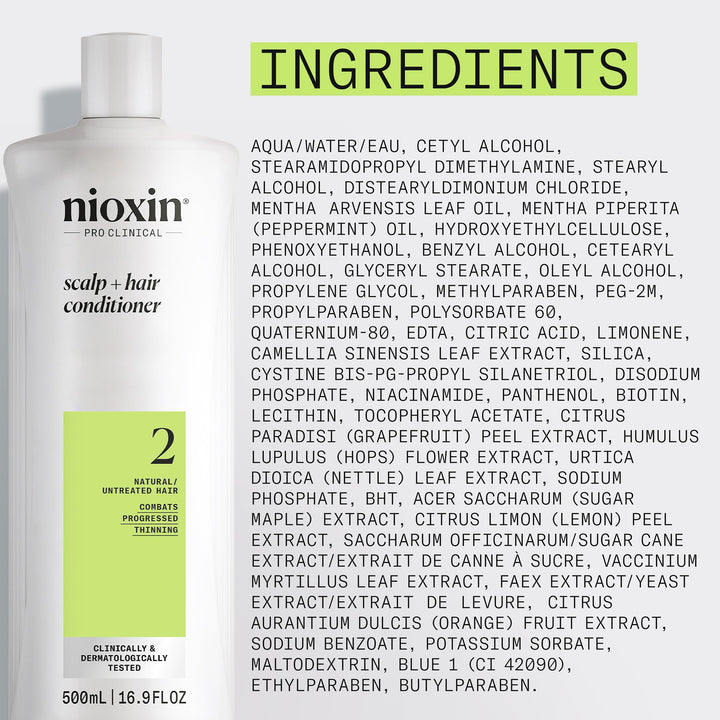 Nioxin Scalp + Hair Thickening System 2 Conditioner | For Natural or Untreated Hair with Progressed Thinning | With Niacinamide and Biotin | 16.9 Fl oz.