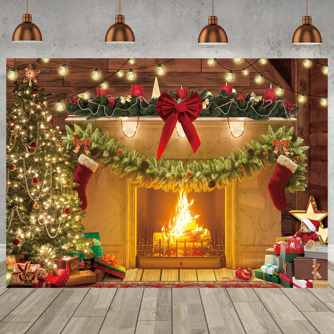 Christmas Fireplace Theme Backdrop Xmas Tree Gift Rustic Wooden floor Photography Background Baby Kids Christmas Family Party Decorations Banner Photo Prop (82x59inch)
