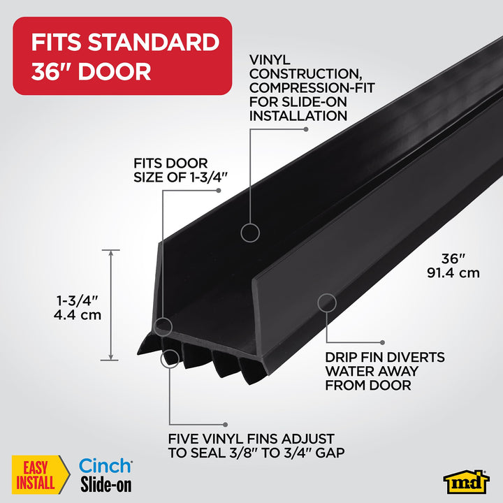 M-D Building Products 43339 Vinyl CinchÂ® U-Shape Slide-On Under Door Seal, Easy-to-Install, Energy-Saving, Weatherproof Seal for Doors, Effective Draft Blocker, Ideal for Home (36 Inch, Black)