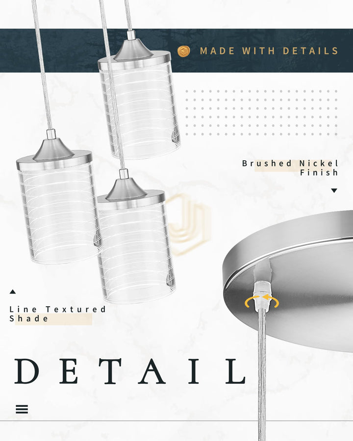 JAZAVA 3-Lights Modern Pendant Light, Brushed Nickel Cluster Pendant Lighting, Adjustable LED 24W 3CCT 3000/4500/6000K Hanging Light Fixture for Kitchen Island Dining Room Bedroom Hallway, PL106BN Retail $102.00
