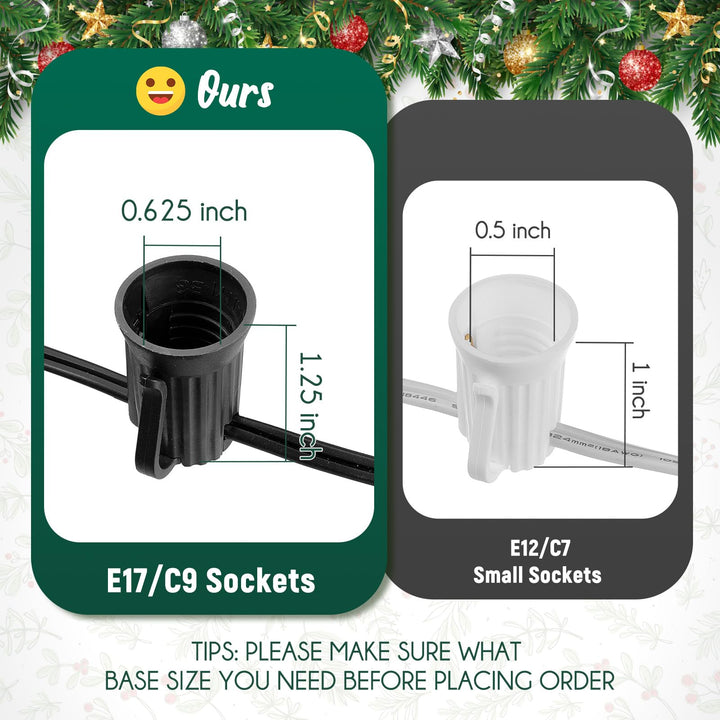 C9 Light Strand, 100 FT Outdoor String Lights Christmas Stringer with 100 Sockets for Christmas Decor Patio, E17 Light Socket, 12 Spacing, Black Wire