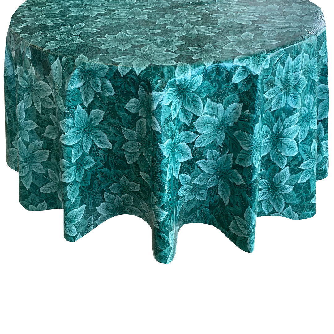 Newbridge Hunter Green Poinsettia Scroll Vinyl Christmas Tablecloth with Flannel Backing, Poinsettia and Holly Damask Look Vinyl Flannel Back Tablecloth, 60” x 84” Oval Retail $13.00