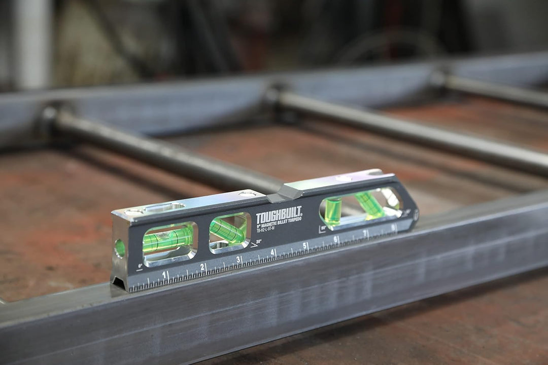 ToughBuilt â€“ 9" Magnetic Billet Torpedo Level, Precision Machined Aluminum Level with Rare Earth Magnets, V-Groove Base, Laser-Etched Markings, and Shockproof End Caps for Professional Accuracy