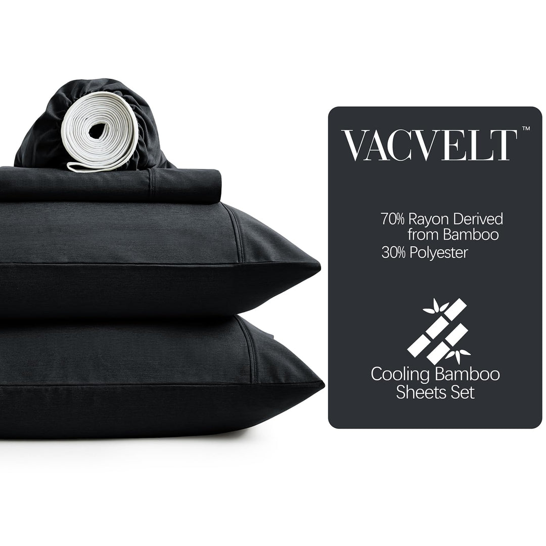 VACVELT 4pcs Extra Deep Pocket Full Sheets, Rayon Derived from Bamboo Sheets, Black Sheet Set 18-24 Inch Deep Pocket Bed Set, Cooling & Silky Bedding Set Soft & Ultra Deep Fitted Sheet Set