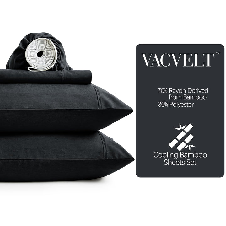 VACVELT 4pcs Extra Deep Pocket Full Sheets, Rayon Derived from Bamboo Sheets, Black Sheet Set 18-24 Inch Deep Pocket Bed Set, Cooling & Silky Bedding Set Soft & Ultra Deep Fitted Sheet Set
