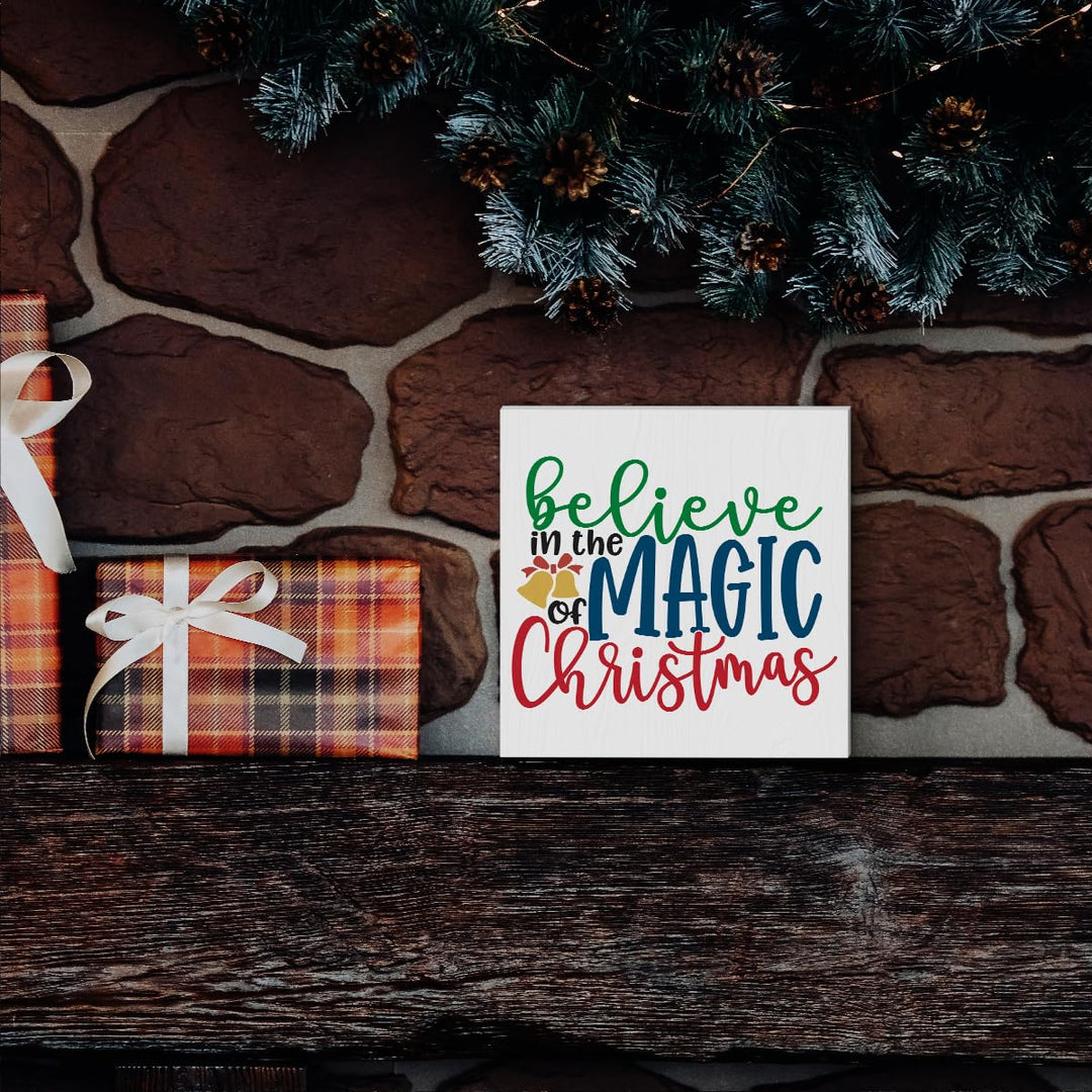 Funny Christmas Wooden Box Sign Plaque Believe in the Magic of Christmas Wood Box Sign Rustic Art Home Shelf Desk Decor 5 x 5 x 1 Inches