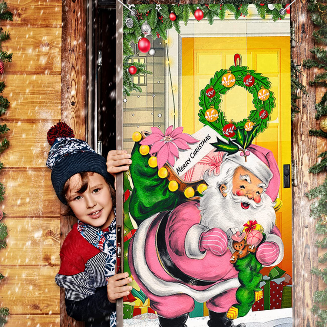 Chinthie Merry Christmas Decorations Pink Santa Claus Door Cover Backdrop Funny Xmas Hanging Banner Christmas Eve Porch Sign Photo Booth Prop for Year Indoor Outside Front Door Party Supplies
