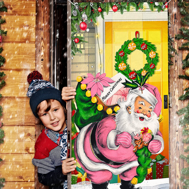 Chinthie Merry Christmas Decorations Pink Santa Claus Door Cover Backdrop Funny Xmas Hanging Banner Christmas Eve Porch Sign Photo Booth Prop for Year Indoor Outside Front Door Party Supplies