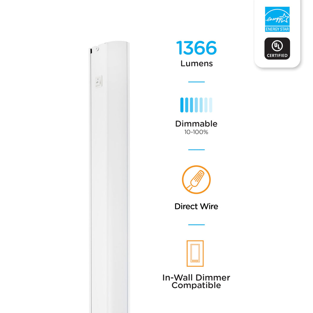 Enbrighten 36 Inch LED Under Cabinet Light Fixture, Direct Wire, In-Wall Dimmer Compatible, 1366 Lumens, 3000K Soft White, Steel Housing, White Finish, 38981-T1