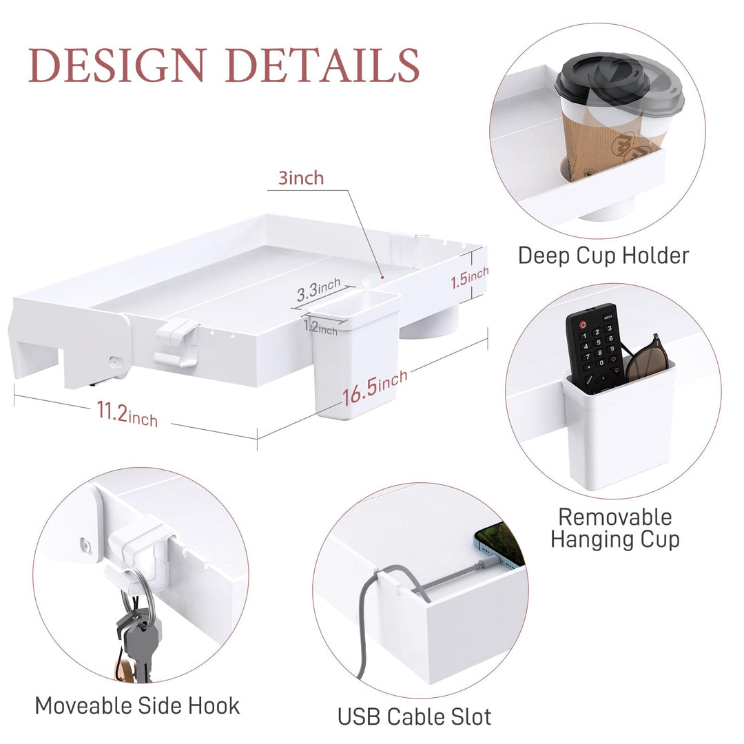 SOLEJAZZ Bedside Shelf for Bed, Foldable Bunk Bed Shelf Clip On Nightstand Tray College Dorm Room Essential Table Caddy with Drawer, Cup & Cord Holder for Top Bunk Organizer Bedroom Nightstand, White