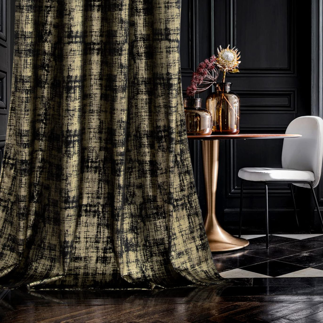 SHINELAND Black Curtains for Living Room 108 Inches Long,Blackout Gold Pattern Velvet Contemporary Elegant Glow in The Dark 9ft Ceiling to Floor Length Curtains